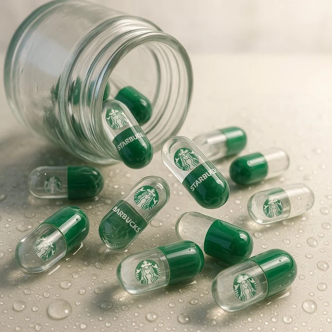 Capsules pouring out of a transparent medicine bottle