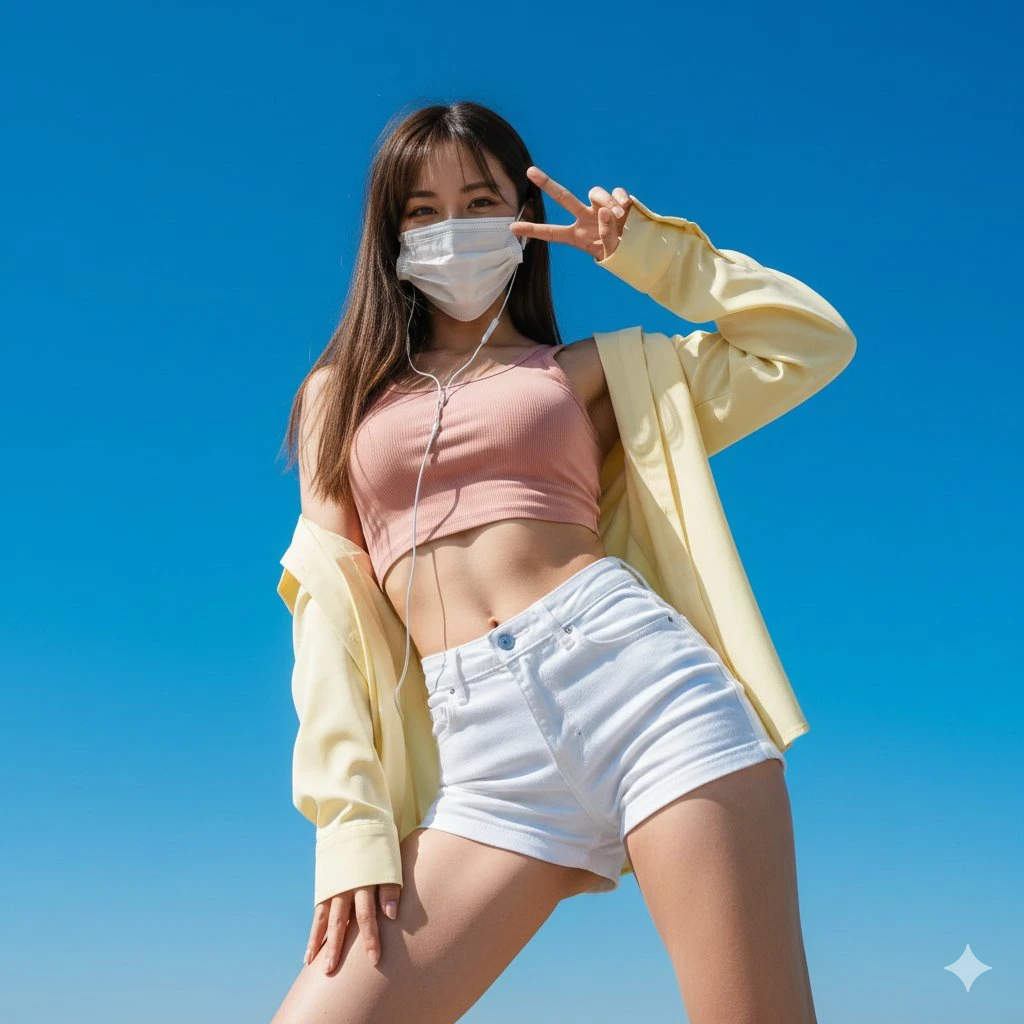 Girl wearing a mask making a V sign